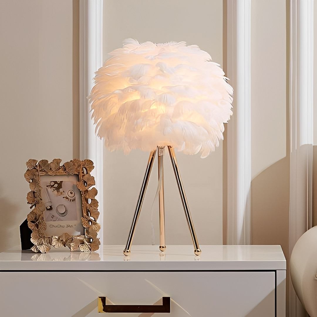 Feather Table Lamp – Pluma Dimmable Ambient Bedside Light in grey on a desk