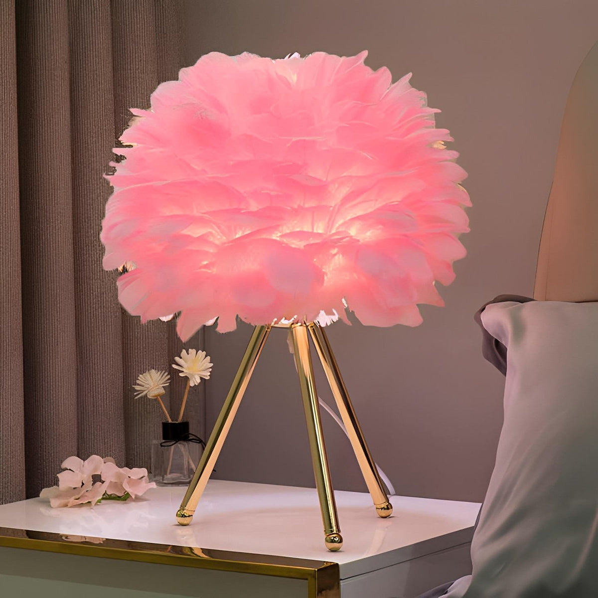 Feather Table Lamp – Pluma Dimmable Ambient Bedside Light in purple on a desk