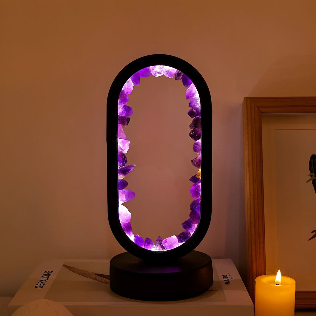 Handmade Amethyst Crystal Lamp – Serenith Natural Mood Light on a bedside table