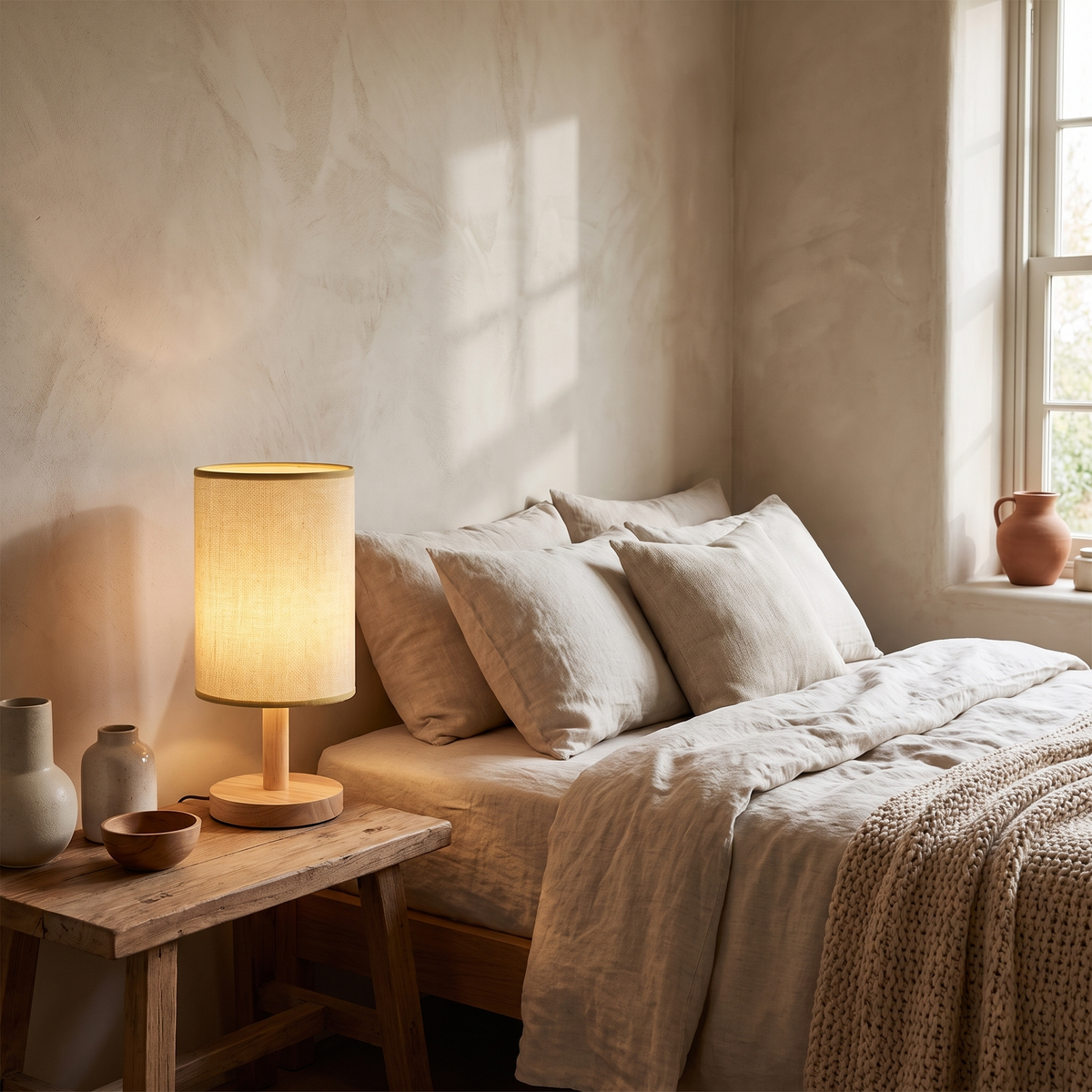 LED Bedside Fabric Table Lamp in gary