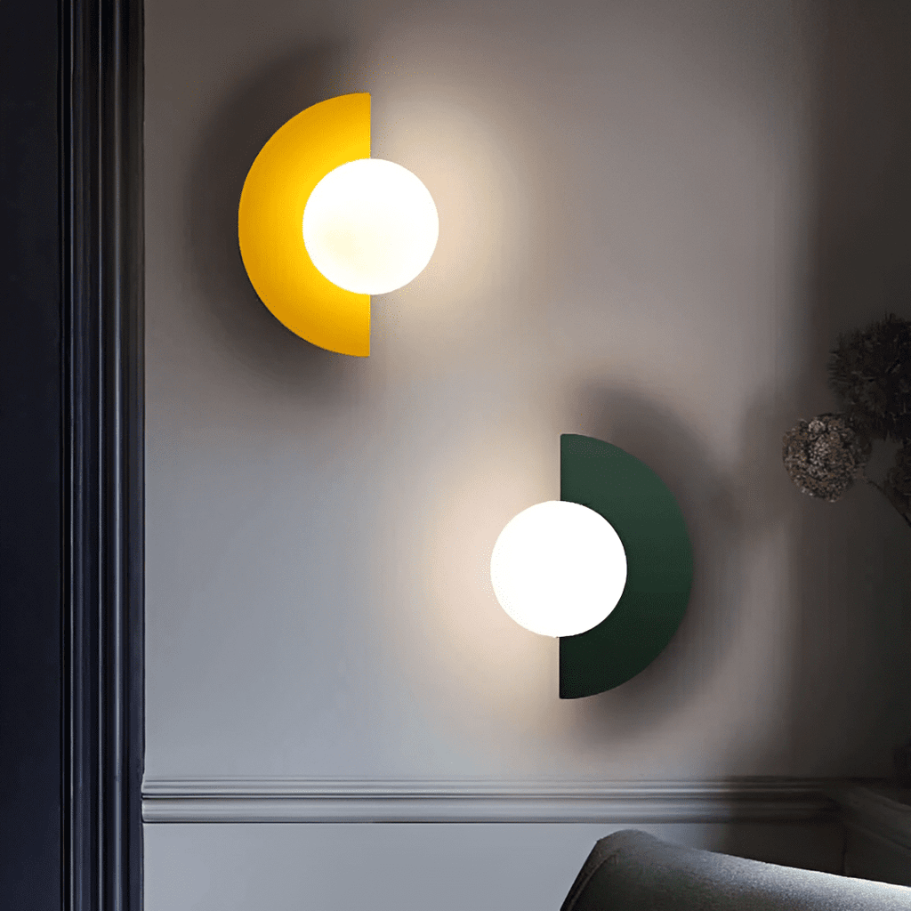 Crescent Moon Wall Lamp – LunaMetal Metal LED Sconce in yellow in a hallway
