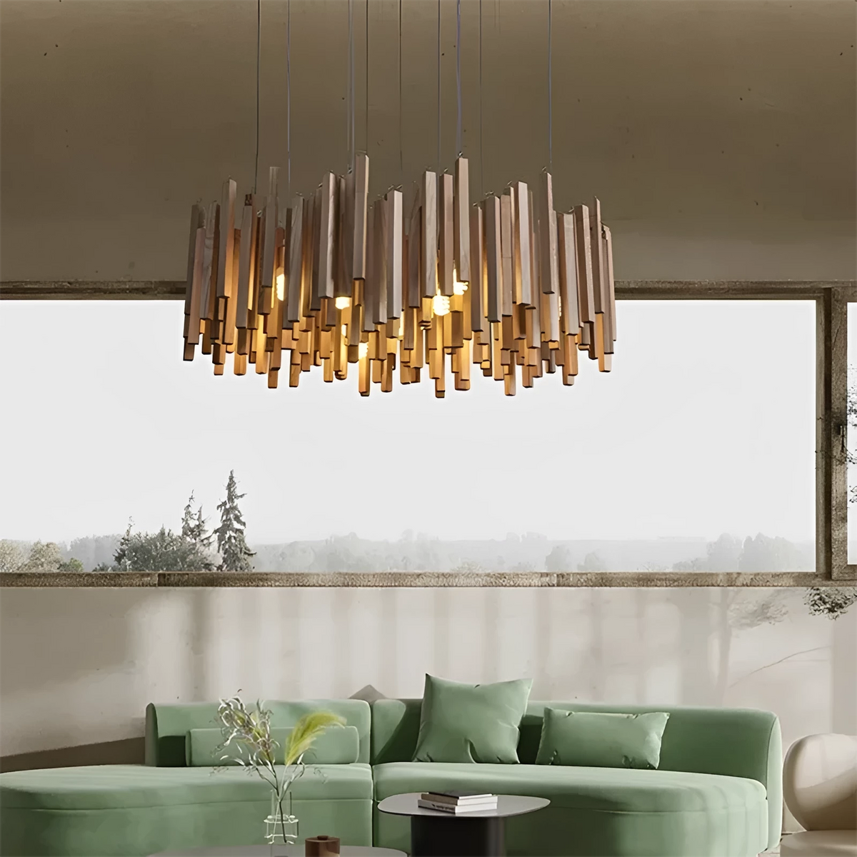 Retro Solid Wood Pendant Chandelier in dark wood 60cm over a dining table
