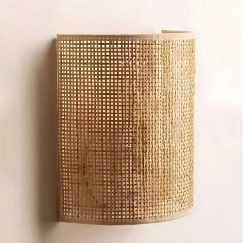 WeaveGlow Contemporary Rattan Woven Wall Lamp in light brown along a hallway